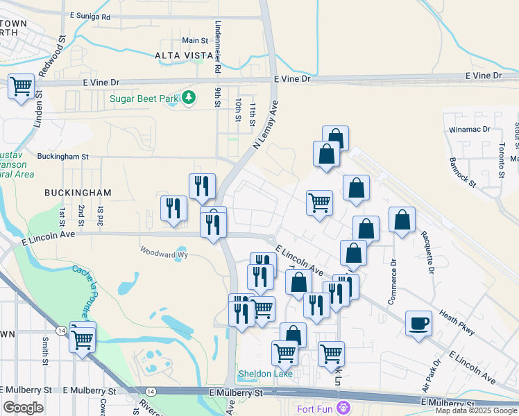 map of restaurants, bars, coffee shops, grocery stores, and more near 1200 Gold Drive in Fort Collins