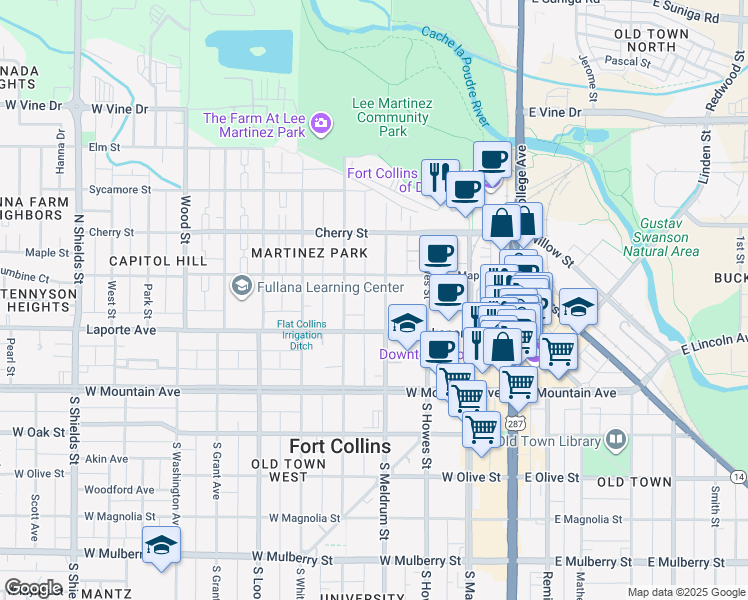 map of restaurants, bars, coffee shops, grocery stores, and more near in Fort Collins