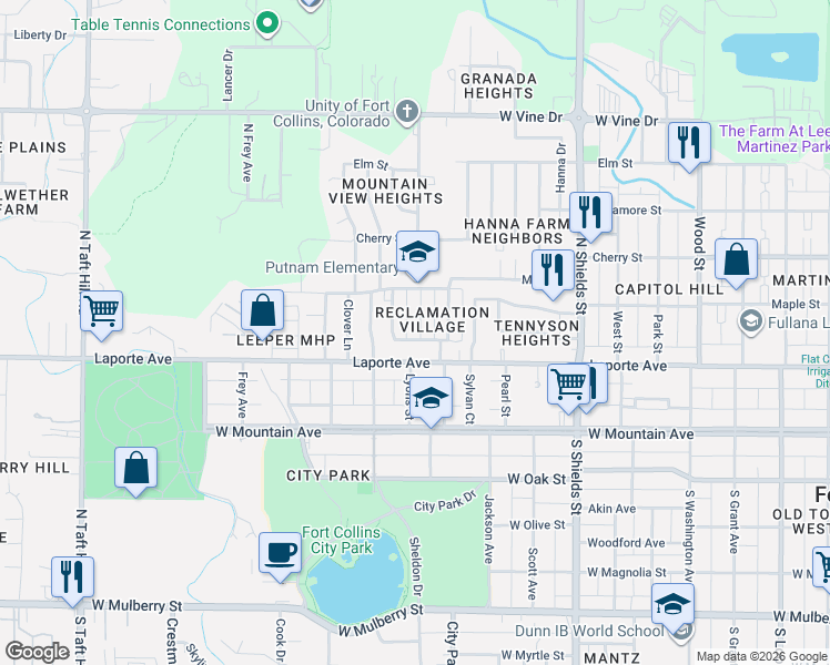 map of restaurants, bars, coffee shops, grocery stores, and more near 223 Lyons Street in Fort Collins