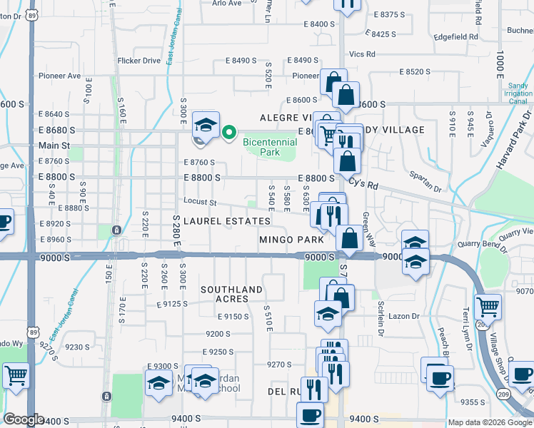 map of restaurants, bars, coffee shops, grocery stores, and more near 566 Locust Street in Sandy