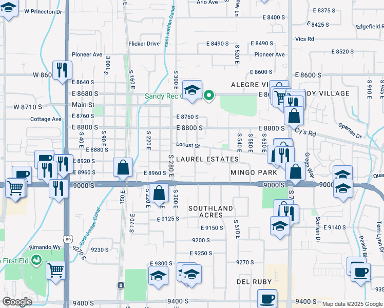 map of restaurants, bars, coffee shops, grocery stores, and more near 8888 South 400 East in Sandy