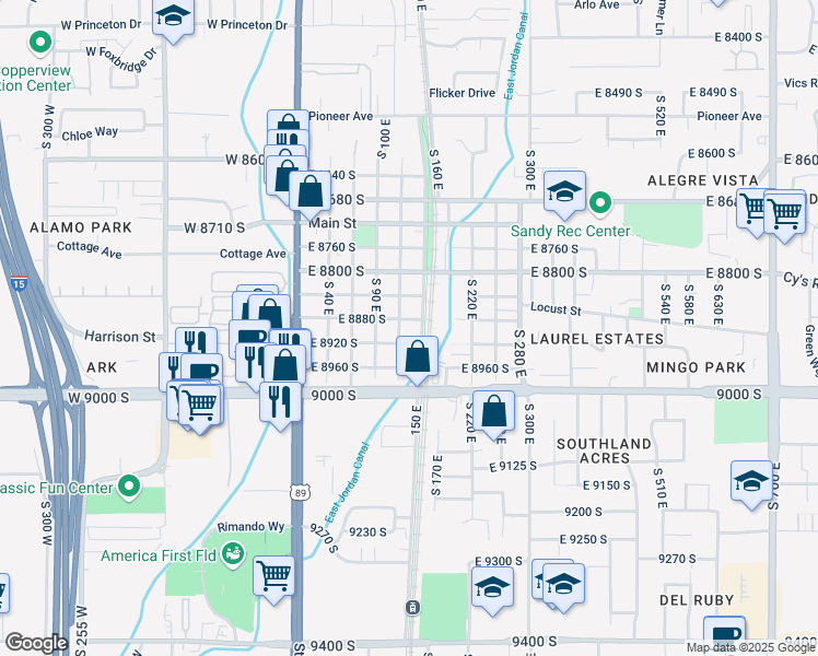 map of restaurants, bars, coffee shops, grocery stores, and more near 8891 South 120 East in Sandy