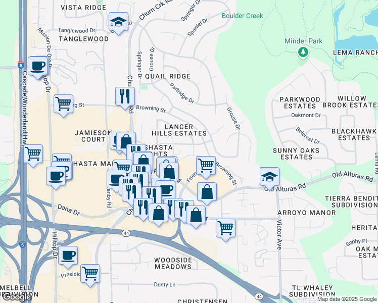 map of restaurants, bars, coffee shops, grocery stores, and more near 1445 Serrano Place in Redding