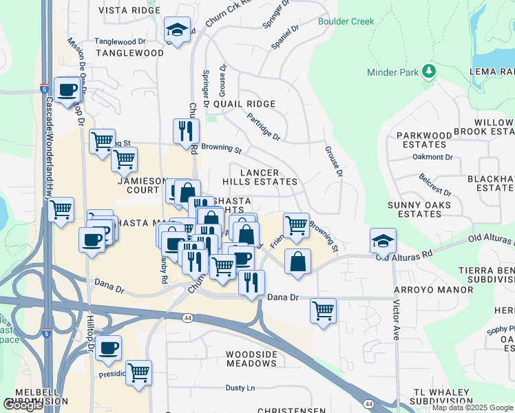 map of restaurants, bars, coffee shops, grocery stores, and more near 1233 Bundy Court in Redding