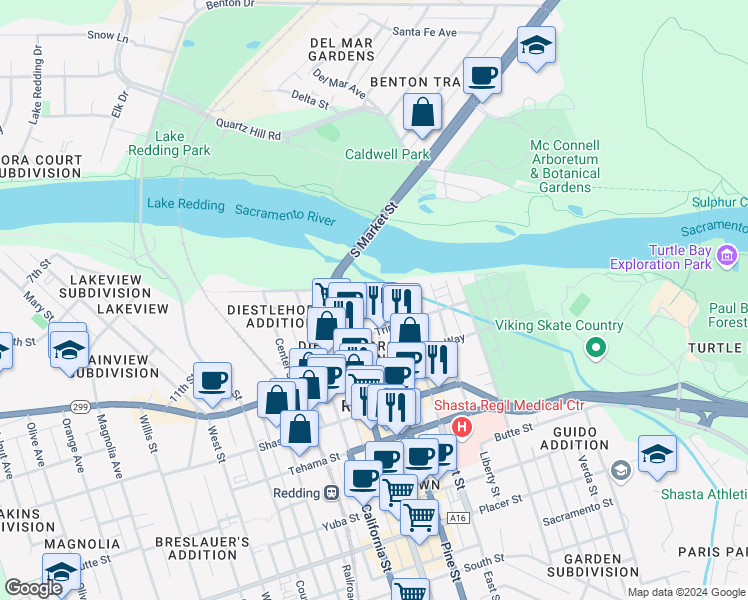map of restaurants, bars, coffee shops, grocery stores, and more near 1046 East Street in Redding