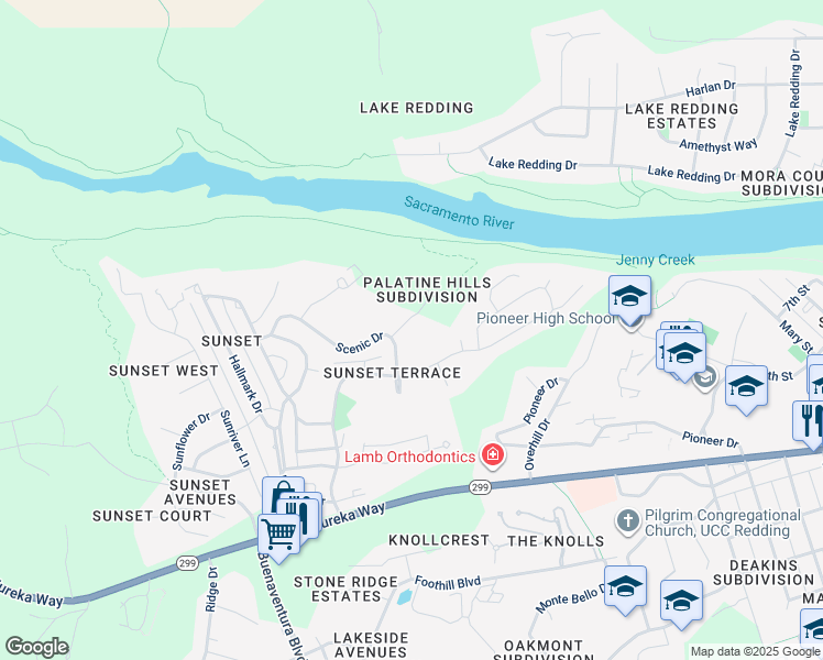 map of restaurants, bars, coffee shops, grocery stores, and more near 891 Palatine Court in Redding