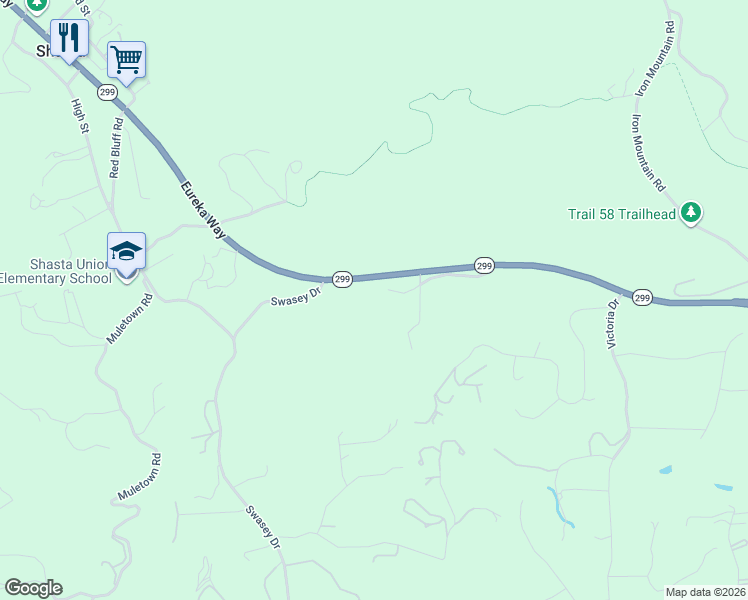 map of restaurants, bars, coffee shops, grocery stores, and more near 15720 Eureka Way in Redding