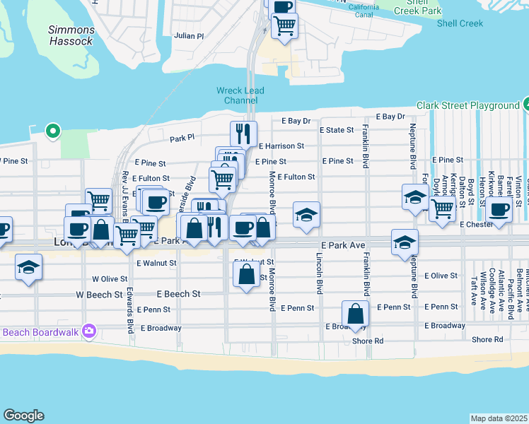 map of restaurants, bars, coffee shops, grocery stores, and more near 250 East Market Street in Long Beach