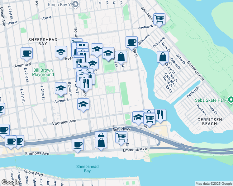 map of restaurants, bars, coffee shops, grocery stores, and more near 2608 Coyle Street in Brooklyn