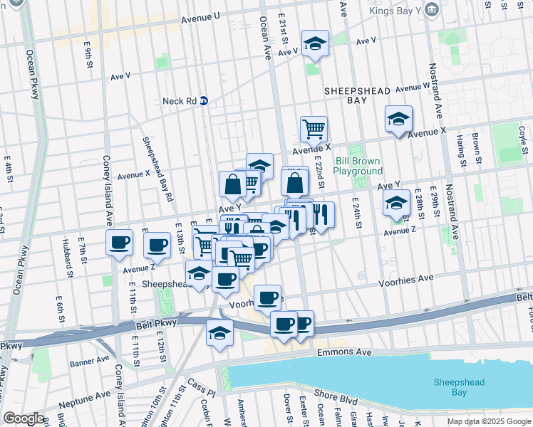 map of restaurants, bars, coffee shops, grocery stores, and more near 2515 East 18th Street in Brooklyn