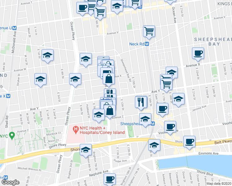 map of restaurants, bars, coffee shops, grocery stores, and more near 2470 East 12th Street in Brooklyn