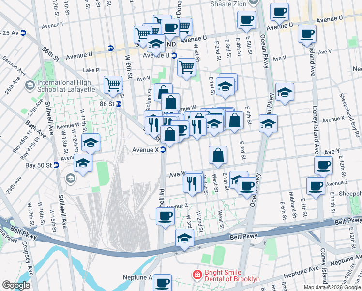 map of restaurants, bars, coffee shops, grocery stores, and more near 286 Avenue X in Brooklyn