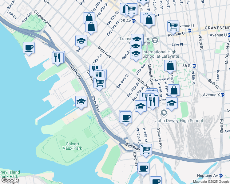 map of restaurants, bars, coffee shops, grocery stores, and more near 207 Bay 44th Street in Brooklyn