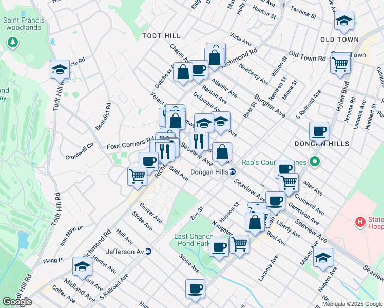 map of restaurants, bars, coffee shops, grocery stores, and more near 21 Liberty Avenue in Staten Island