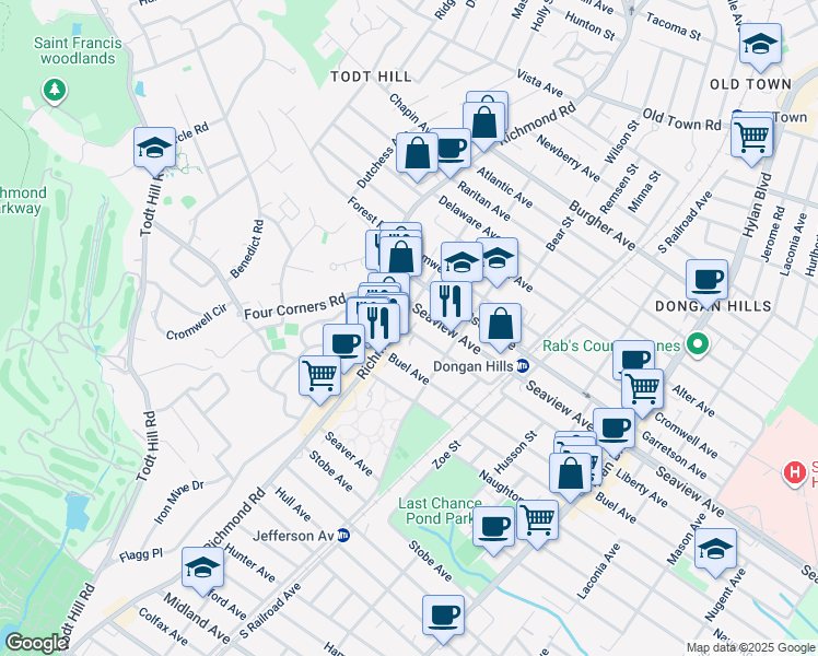 map of restaurants, bars, coffee shops, grocery stores, and more near 21 Liberty Avenue in Staten Island