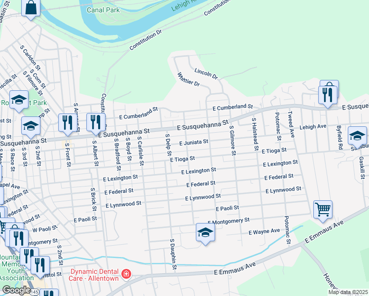 map of restaurants, bars, coffee shops, grocery stores, and more near 502 East Juniata Street in Allentown