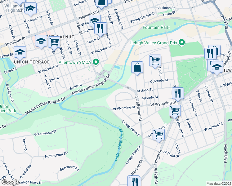 map of restaurants, bars, coffee shops, grocery stores, and more near 1403 Saint John Street in Allentown