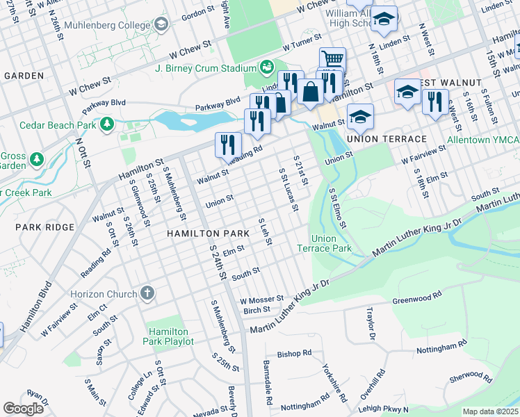 map of restaurants, bars, coffee shops, grocery stores, and more near 2227 West Fairview Street in Allentown