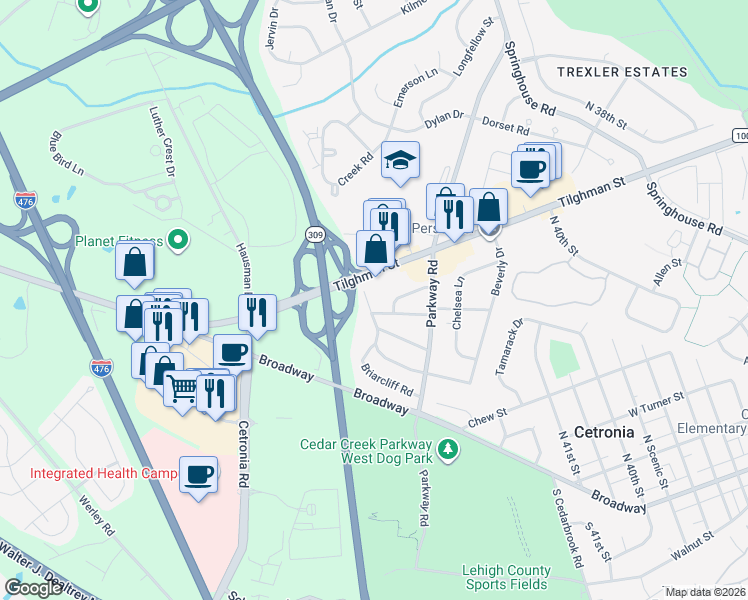map of restaurants, bars, coffee shops, grocery stores, and more near 4293 Windsor Drive in Allentown