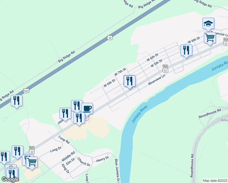map of restaurants, bars, coffee shops, grocery stores, and more near 1128 West 5th Street in Lewistown
