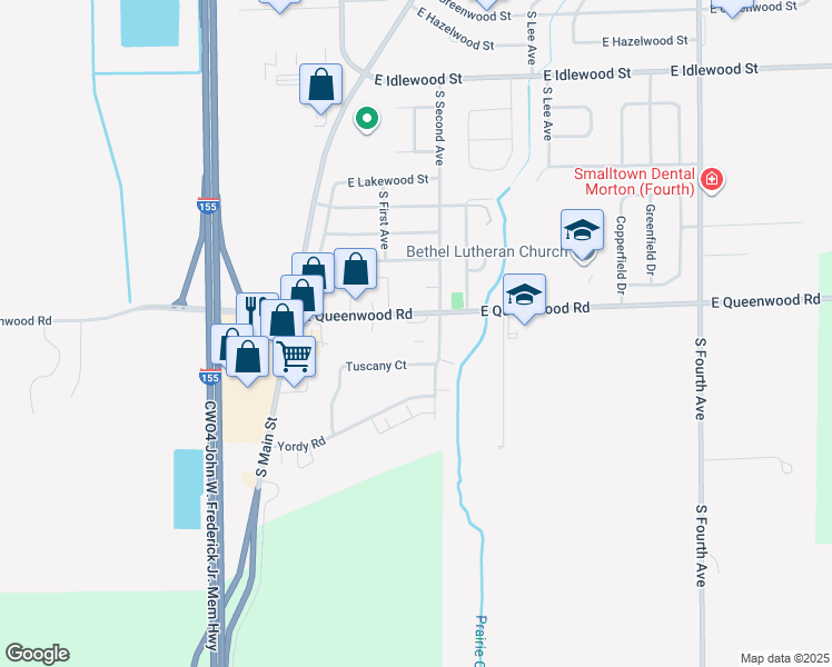 map of restaurants, bars, coffee shops, grocery stores, and more near 190 E Queenwood Rd in Morton