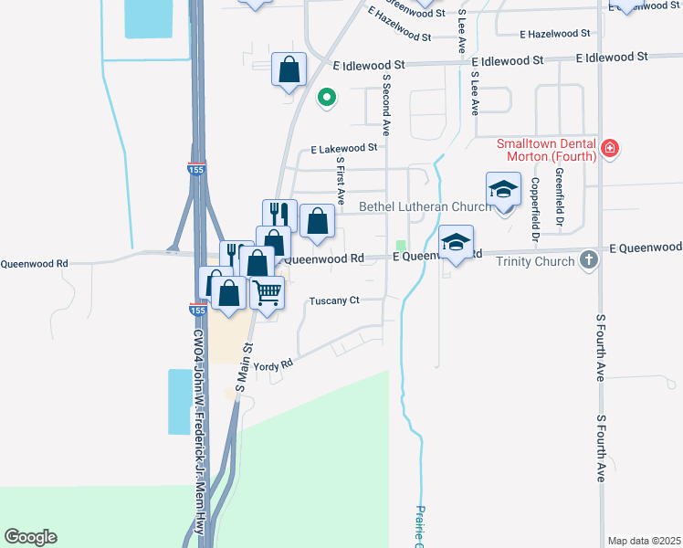 map of restaurants, bars, coffee shops, grocery stores, and more near 150 East Queenwood Road in Morton
