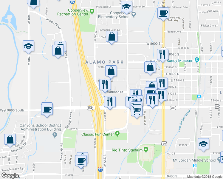 map of restaurants, bars, coffee shops, grocery stores, and more near 222 Harrison Street in Midvale