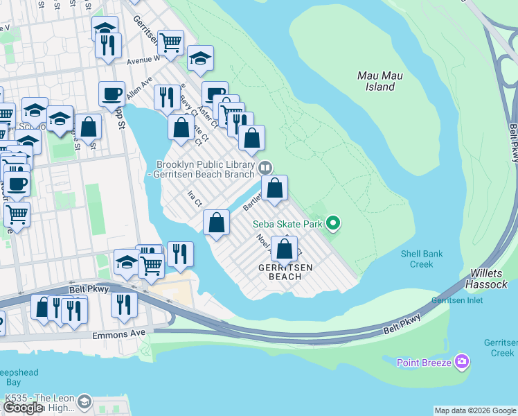 map of restaurants, bars, coffee shops, grocery stores, and more near 113 Dare Court in Brooklyn