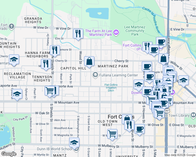 map of restaurants, bars, coffee shops, grocery stores, and more near 227 North Loomis Avenue in Fort Collins