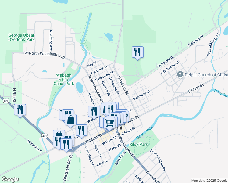 map of restaurants, bars, coffee shops, grocery stores, and more near in Delphi