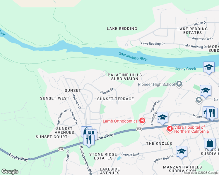 map of restaurants, bars, coffee shops, grocery stores, and more near 3520 Scenic Drive in Redding