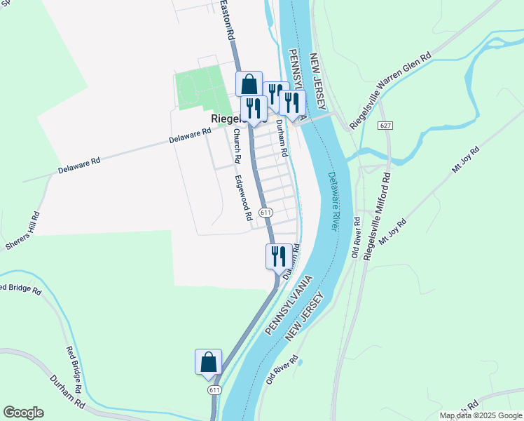 map of restaurants, bars, coffee shops, grocery stores, and more near 1107 Easton Road in Riegelsville