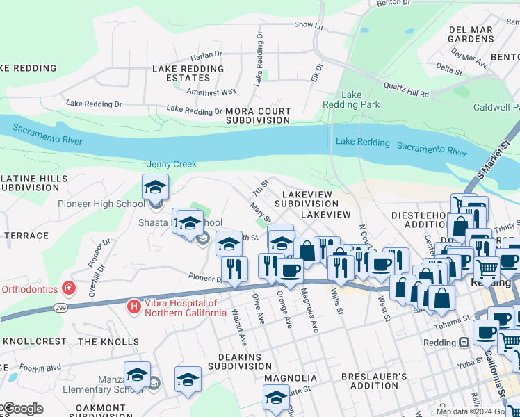 map of restaurants, bars, coffee shops, grocery stores, and more near 15 Mary Street in Redding