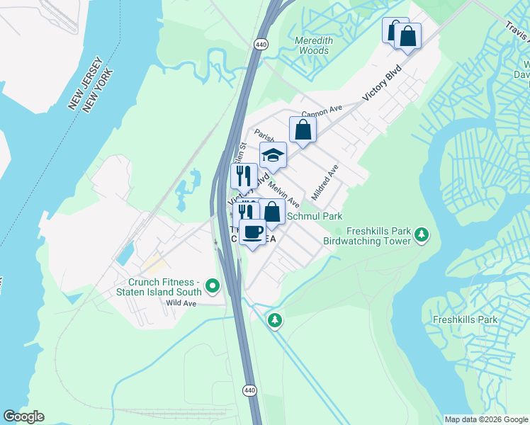map of restaurants, bars, coffee shops, grocery stores, and more near 26A Alberta Avenue in Staten Island