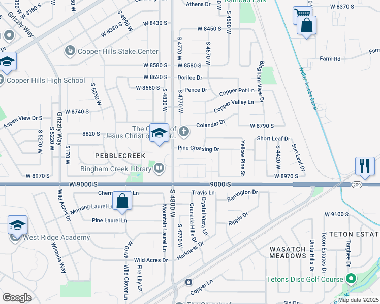 map of restaurants, bars, coffee shops, grocery stores, and more near 8884 South 4720 West in West Jordan
