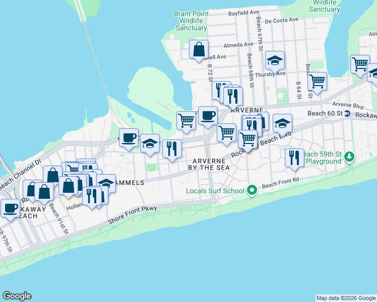 map of restaurants, bars, coffee shops, grocery stores, and more near 2-48 Beach Breeze Place in Queens
