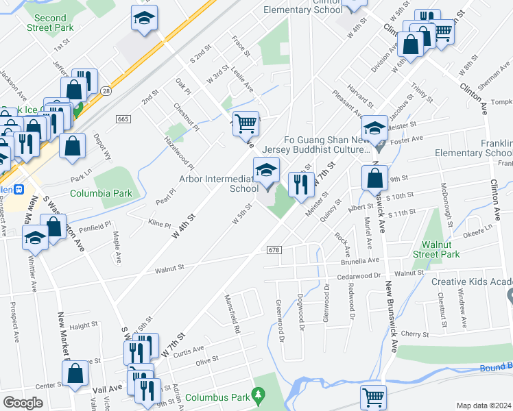 map of restaurants, bars, coffee shops, grocery stores, and more near 646 Harold Place in Piscataway Township