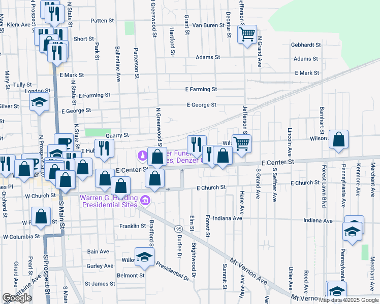 map of restaurants, bars, coffee shops, grocery stores, and more near 143 Johns Street in Marion