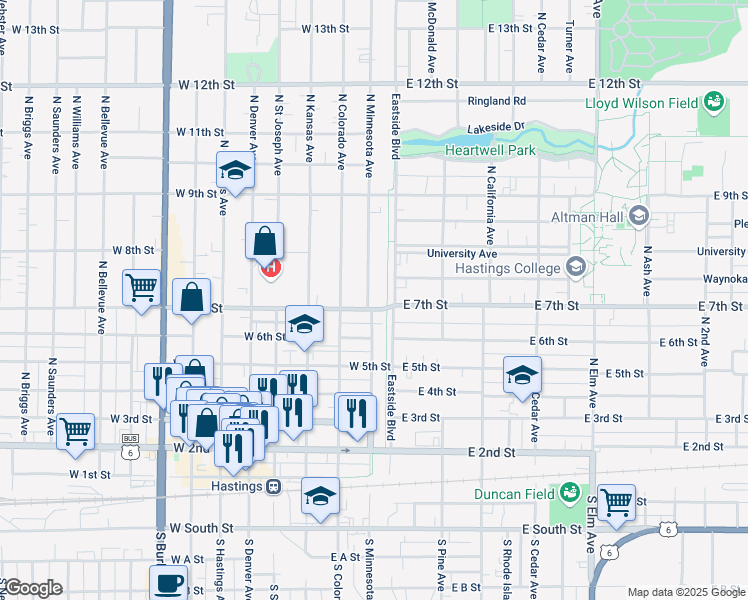 map of restaurants, bars, coffee shops, grocery stores, and more near 108 West 7th Street in Hastings