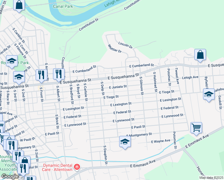 map of restaurants, bars, coffee shops, grocery stores, and more near 502 East Juniata Street in Allentown