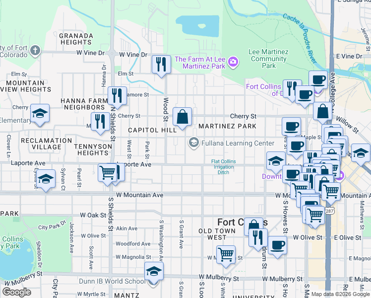 map of restaurants, bars, coffee shops, grocery stores, and more near 220 North Grant Avenue in Fort Collins