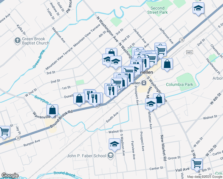 map of restaurants, bars, coffee shops, grocery stores, and more near 443 Front Street in Dunellen