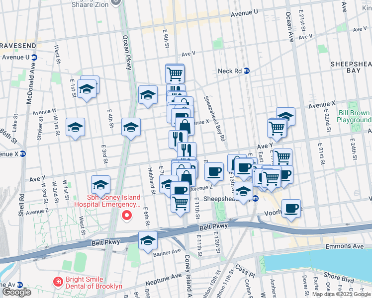 map of restaurants, bars, coffee shops, grocery stores, and more near 2733 Coney Island Avenue in Brooklyn