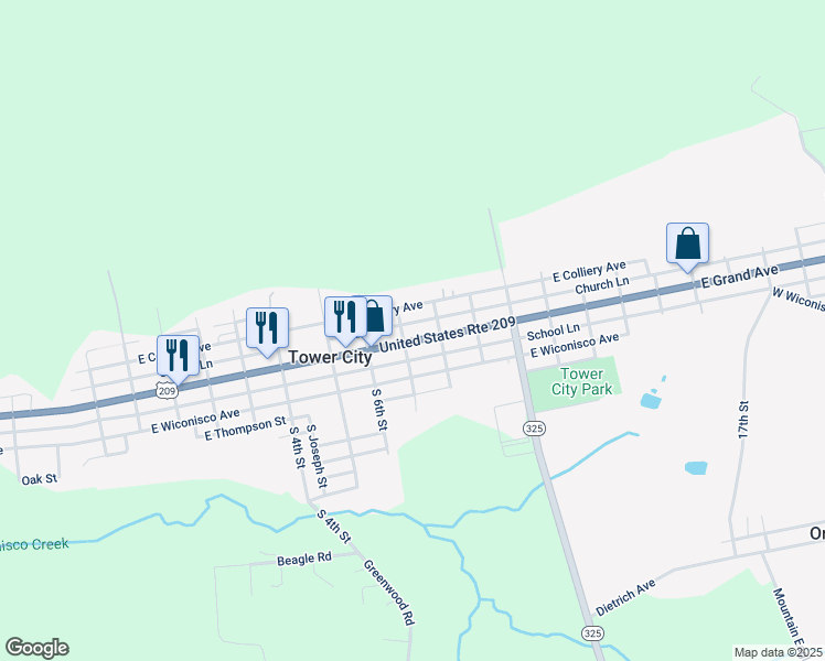 map of restaurants, bars, coffee shops, grocery stores, and more near 711 East Grand Avenue in Tower City