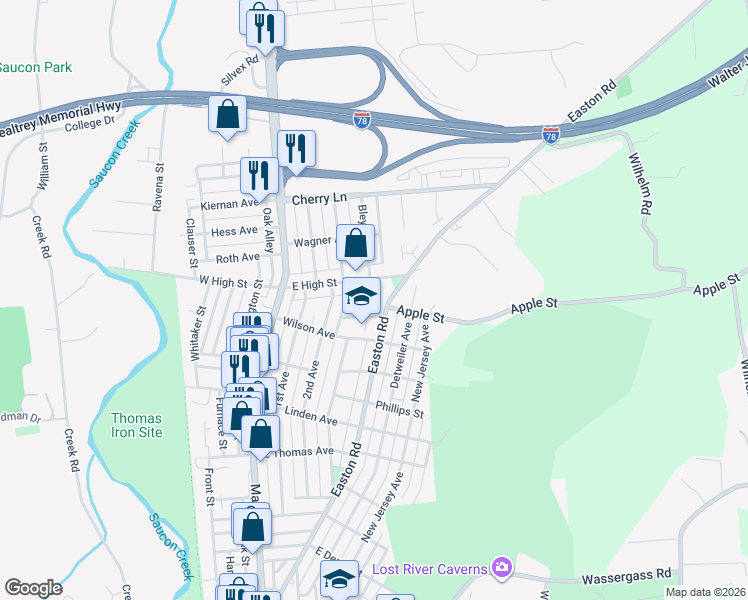 map of restaurants, bars, coffee shops, grocery stores, and more near 1428 Keilman Avenue in Hellertown