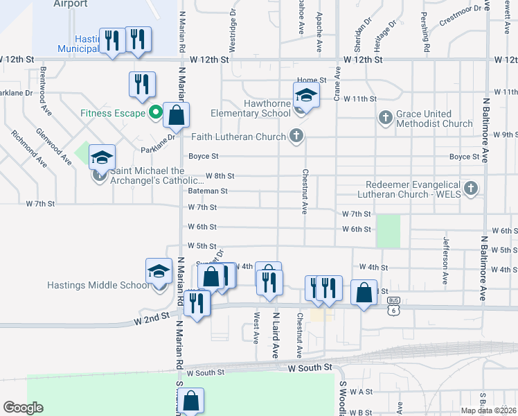 map of restaurants, bars, coffee shops, grocery stores, and more near 2401 West 7th Street in Hastings