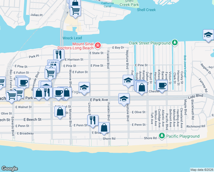 map of restaurants, bars, coffee shops, grocery stores, and more near 473 Franklin Boulevard in Long Beach