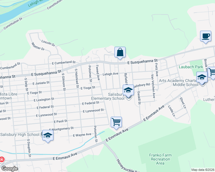 map of restaurants, bars, coffee shops, grocery stores, and more near 1335 Maumee Avenue in Allentown