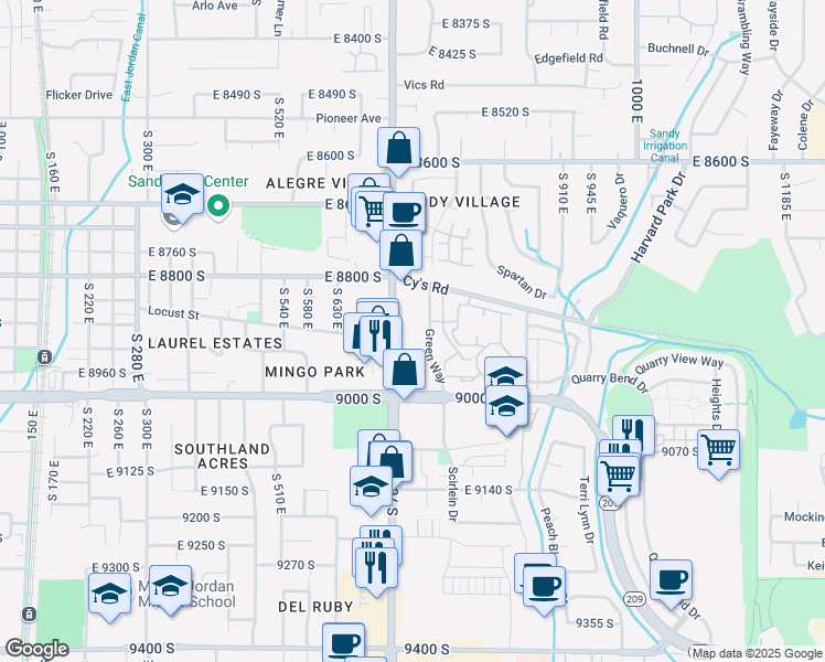 map of restaurants, bars, coffee shops, grocery stores, and more near 8899 South 700 East in Sandy
