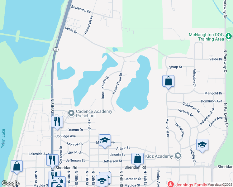 map of restaurants, bars, coffee shops, grocery stores, and more near 1924 Susan Hope Drive in Pekin